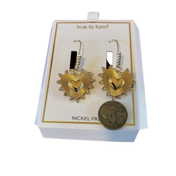 Striking Gold Tone Long Drop Heart Earrings Encircled w/ Pave Crystals. - Picture 6 of 6